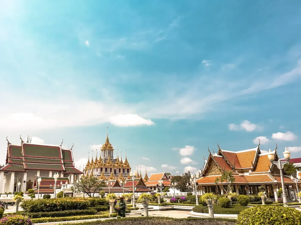 Temple roofs against a warm sky
